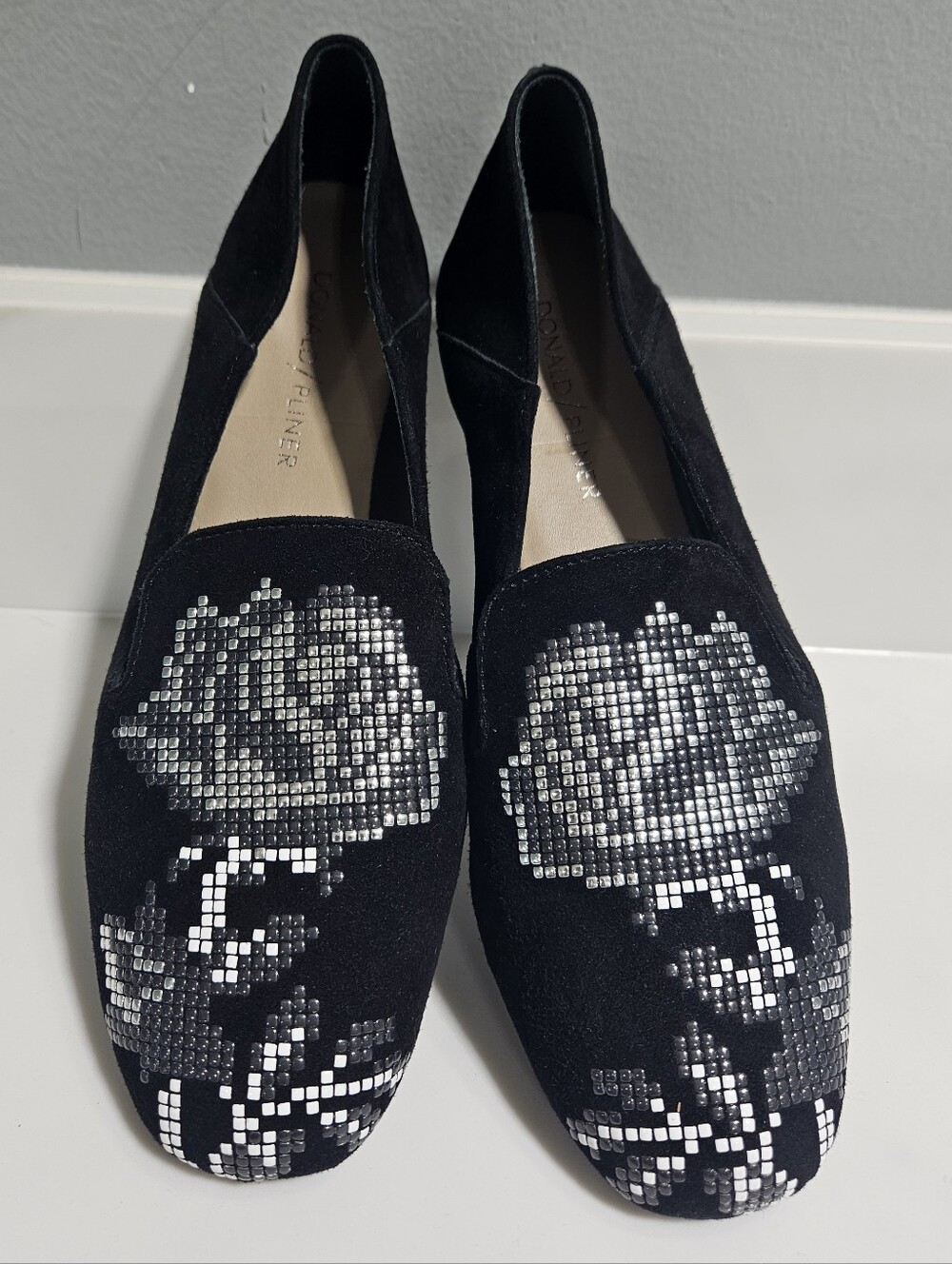 Donald J. Pliner Black Loafers with Silver Mosaic Floral